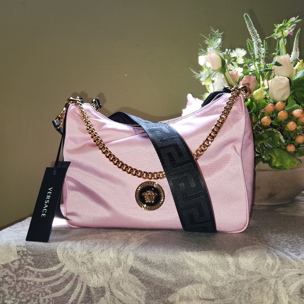 NWT VERSACE Nylon Tribute Chain Crossbody Shoulder Bag Light Pink